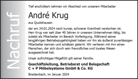 Traueranzeige von Andre Krug von Hinterländer Anzeiger
