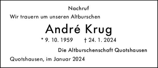 Traueranzeige von Andre Krug von Hinterländer Anzeiger