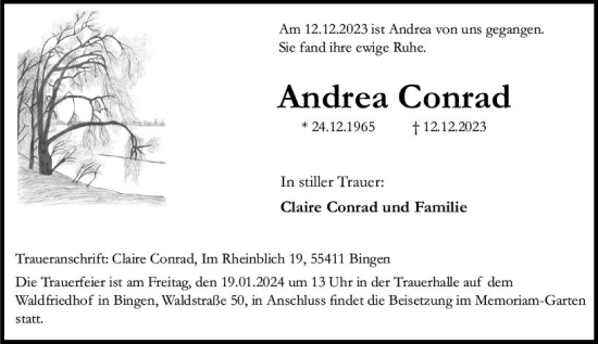 Traueranzeige von Andrea Conrad von Allgemeine Zeitung Bad Kreuznach