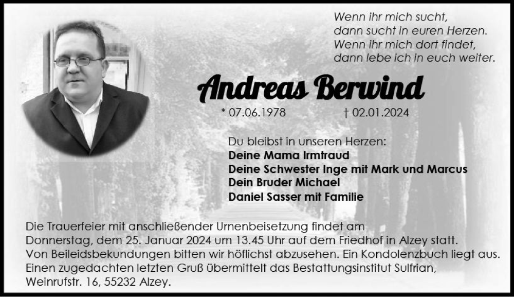  Traueranzeige für Andreas Berwind vom 20.01.2024 aus Allgemeine Zeitung Alzey