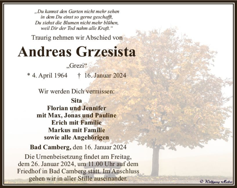  Traueranzeige für Andreas Grzesista vom 25.01.2024 aus Camberger Anzeiger