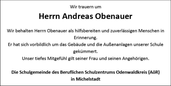 Traueranzeige von Andreas Obenauer von Odenwälder Echo