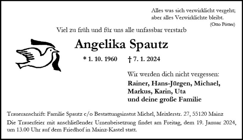  Traueranzeige für Angelika Spautz vom 13.01.2024 aus Allgemeine Zeitung Mainz