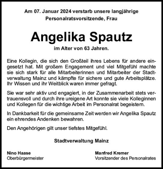 Traueranzeige von Angelika Spautz von Allgemeine Zeitung Mainz