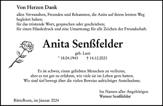Traueranzeige von Anita Senßfelder von Groß-Gerauer Echo