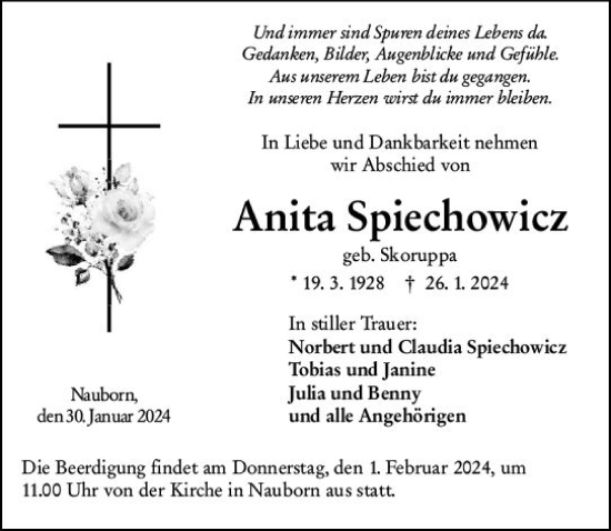 Traueranzeige von Anita Spiechowicz von Wetzlarer Neue Zeitung