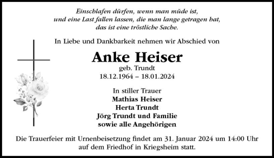 Traueranzeige von Anke Heiser von Wormser Zeitung