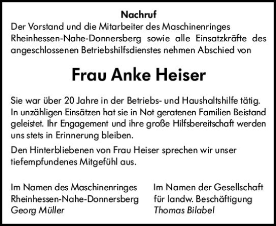 Traueranzeige von Anke Heiser von Allgemeine Zeitung Alzey