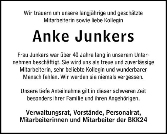 Traueranzeige von Anke Junkers von Allgemeine Zeitung Mainz