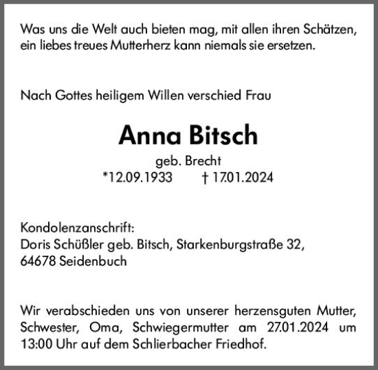 Traueranzeige von Anna Bitsch von Bergsträßer Anzeiger