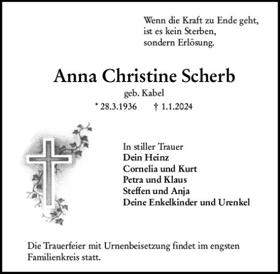 Traueranzeige von Anna Christine Scherb von Odenwälder Echo