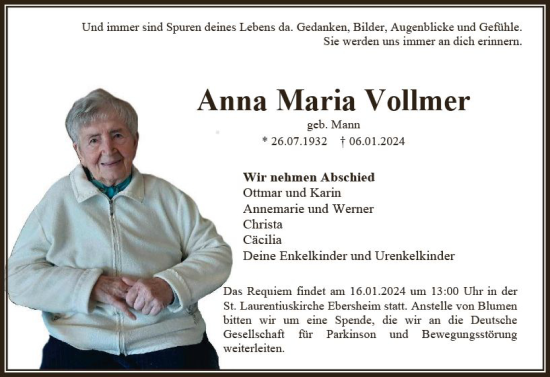 Traueranzeige von Anna Maria Vollmer von Allgemeine Zeitung Mainz