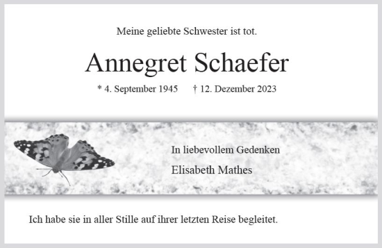 Traueranzeige von Annegret Schaefer von Allgemeine Zeitung Mainz