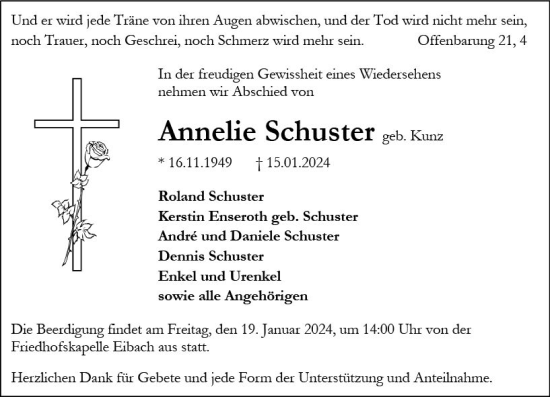 Traueranzeige von Annelie Schuster von Dill Block