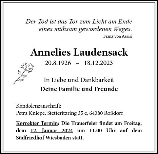 Traueranzeige von Annelies Laudensack von Wiesbadener Kurier