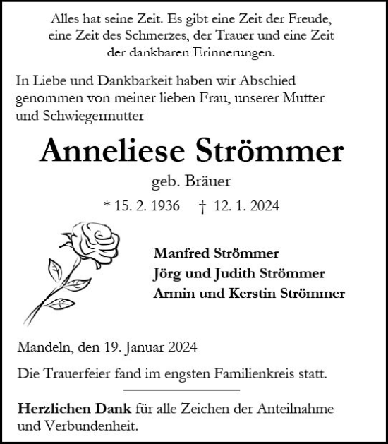Traueranzeige von Anneliese Strömmer von Dill Block