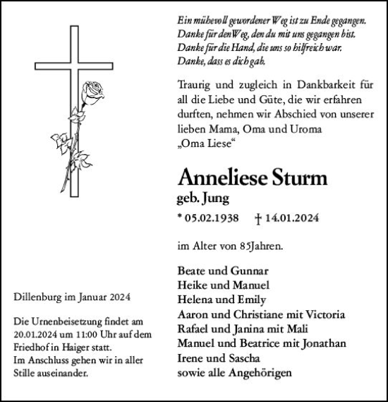 Traueranzeige von Anneliese Sturm von Dill Block