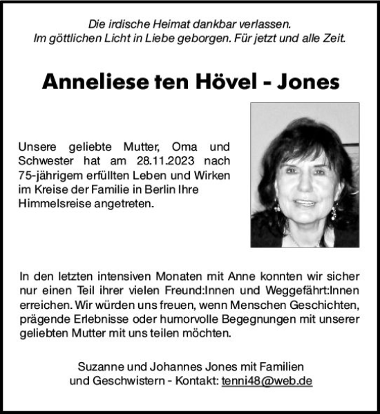 Traueranzeige von Anneliese ten Hövel-Jones von Wiesbadener Kurier