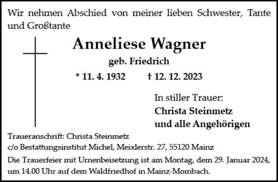 Traueranzeige von Anneliese Wagner von Allgemeine Zeitung Mainz