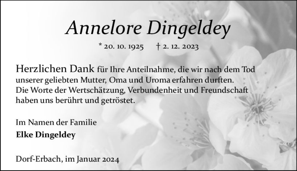  Traueranzeige für Annelore Dingeldey vom 06.01.2024 aus Odenwälder Echo