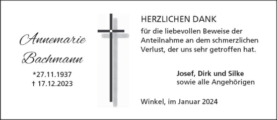 Traueranzeige von Annemarie Bachmann von Wiesbadener Kurier