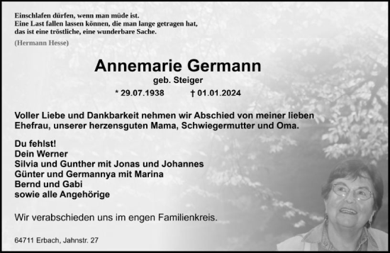 Traueranzeige von Annemarie Germann von Odenwälder Echo