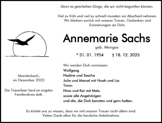 Traueranzeige von Annemarie Sachs von Dill Block