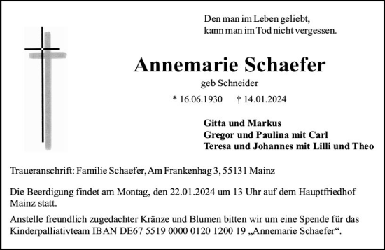 Traueranzeige von Annemarie Schaefer von Allgemeine Zeitung Mainz