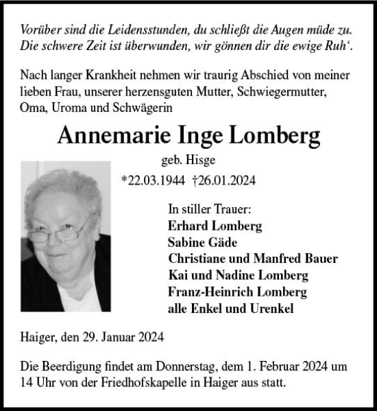 Traueranzeige von Annemarie Inge Lomberg von Dill Block
