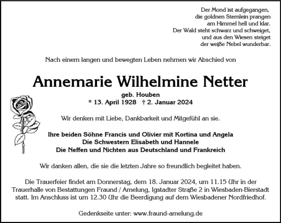 Traueranzeige von Annemarie Wilhelmine Netter von Wiesbadener Kurier
