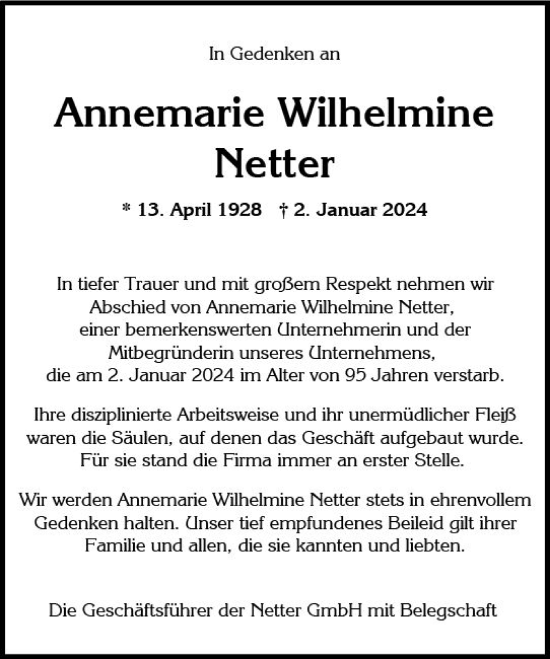 Traueranzeige von Annemarie Wilhelmine Netter von Wiesbadener Kurier