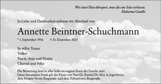 Traueranzeige von Annette Beintner-Schuchmann von Darmstädter Echo