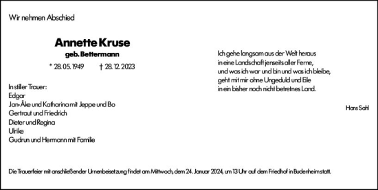 Traueranzeige von Annette Kruse von Allgemeine Zeitung Mainz