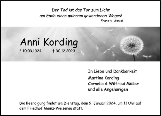 Traueranzeige von Anni Kording von Allgemeine Zeitung Mainz