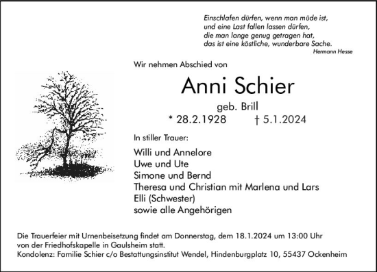 Traueranzeige von Anni Schier von Allgemeine Zeitung Bingen/Ingelheim