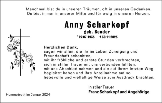 Traueranzeige von Anny Scharkopf von Odenwälder Echo