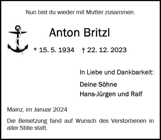 Traueranzeige von Anton Britzl von Allgemeine Zeitung Mainz