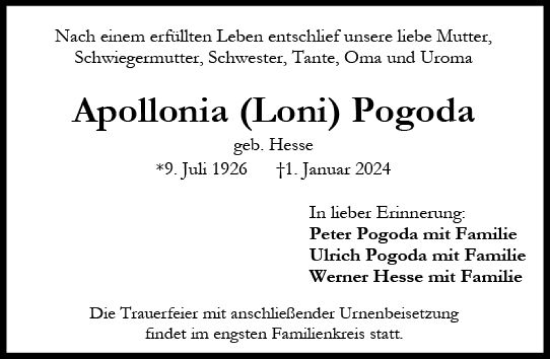 Traueranzeige von Apollonia Pogoda von Wiesbadener Kurier