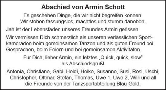 Traueranzeige von Armin Schott von Allgemeine Zeitung Mainz