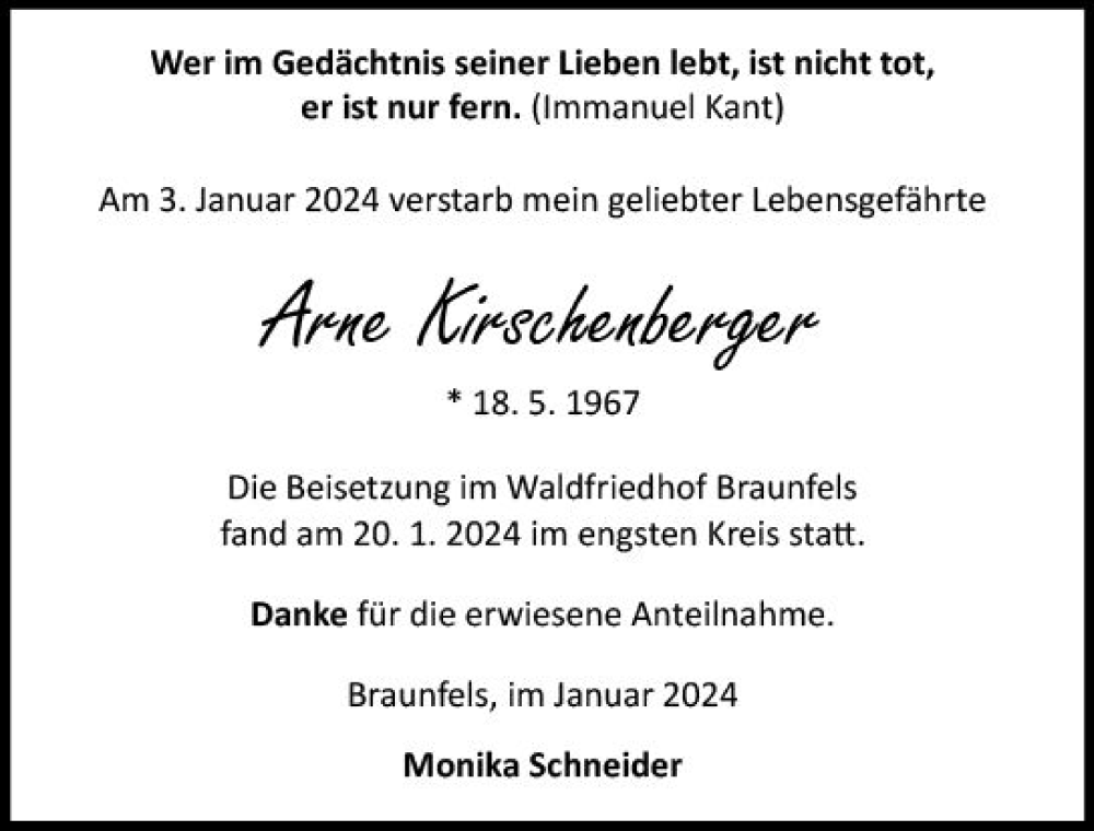  Traueranzeige für Arne Kirschenberger vom 24.01.2024 aus Wetzlarer Neue Zeitung
