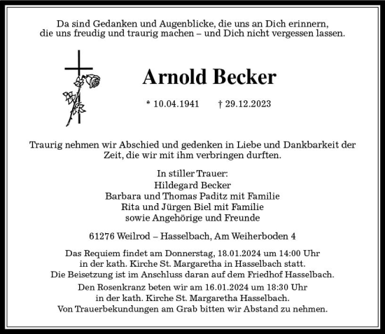 Traueranzeige von Arnold Becker von Camberger Anzeiger