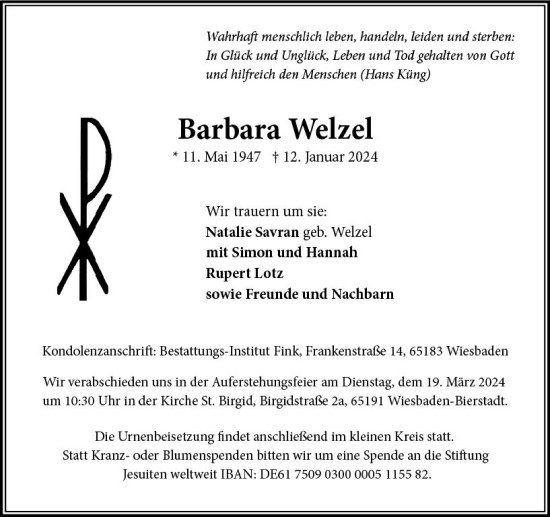 Traueranzeige von Barbara Welzel von Wiesbadener Kurier