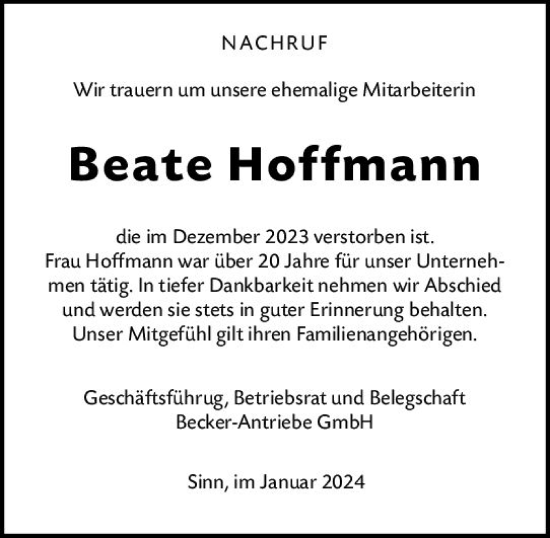 Traueranzeige von Beate Hoffmann von Dill Block