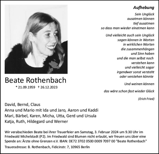 Traueranzeige von Beate Rothenbach von Odenwälder Echo