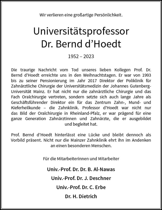 Traueranzeige von Bernd d´Hoedt von Allgemeine Zeitung Mainz