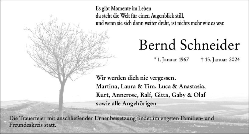  Traueranzeige für Bernd Schneider vom 27.01.2024 aus Wiesbadener Kurier