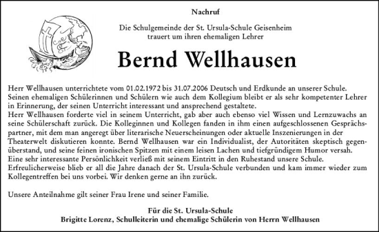 Traueranzeige von Bernd Wellhausen von Rheingau Kurier