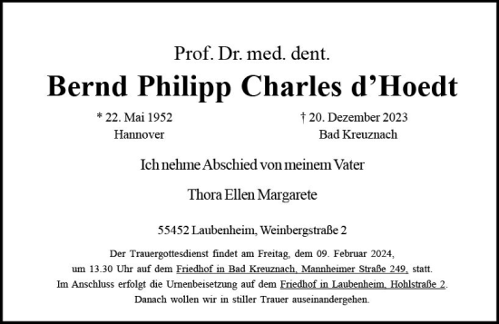 Traueranzeige von Bernd Philipp  Charles dHoedt von Allgemeine Zeitung Mainz