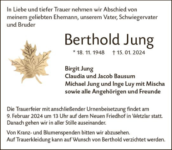 Traueranzeige von Berthold Jung von Wetzlarer Neue Zeitung