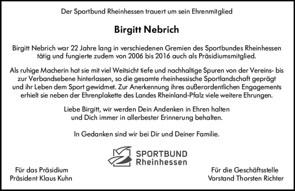  Traueranzeige für Birgitt Nebrich vom 20.01.2024 aus Allgemeine Zeitung Mainz
